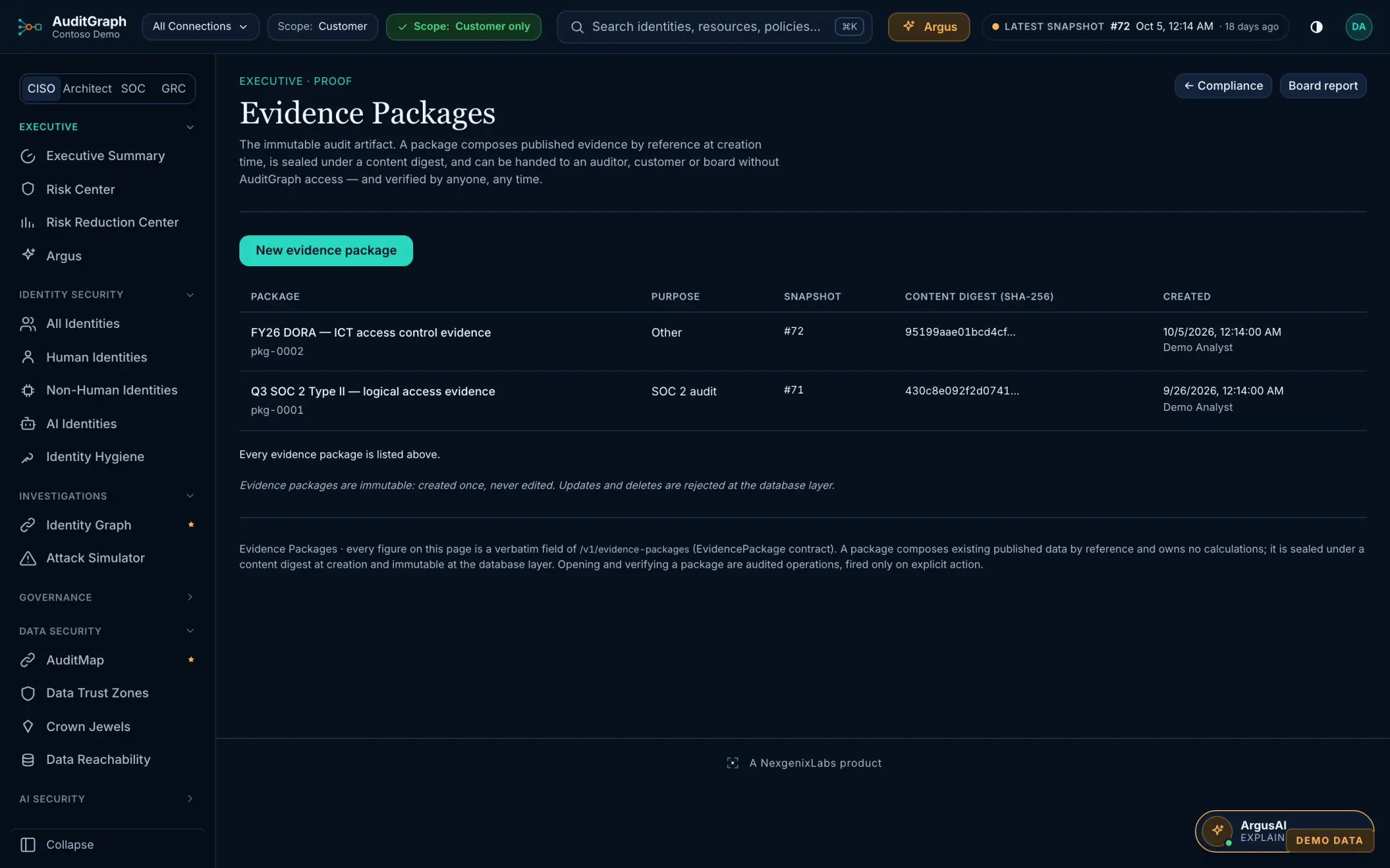 AuditGraph product screen, Evidence packages, showing illustrative demo data